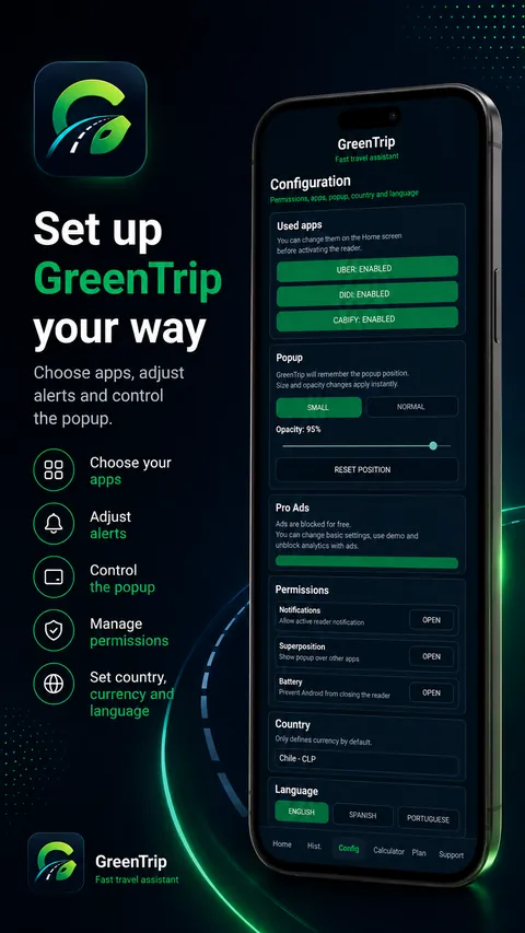 GreenTrip settings screen in English