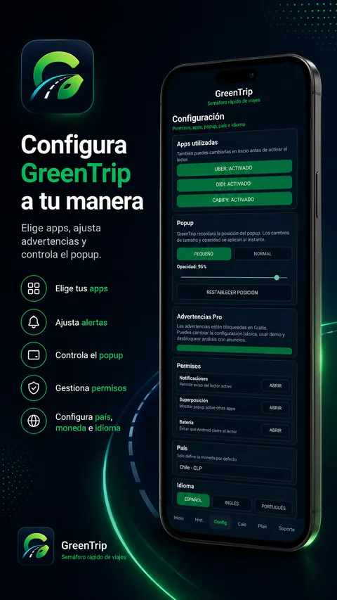 Pantalla de configuración de GreenTrip en español