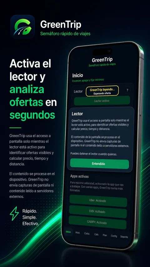 Pantalla de GreenTrip en español mostrando el lector de ofertas