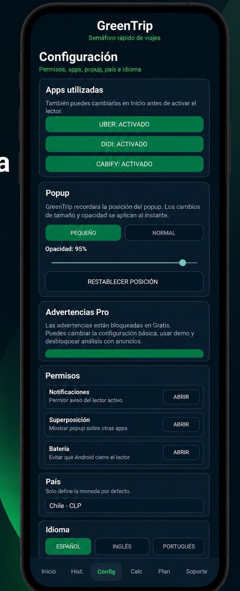 Pantalla de configuración de GreenTrip