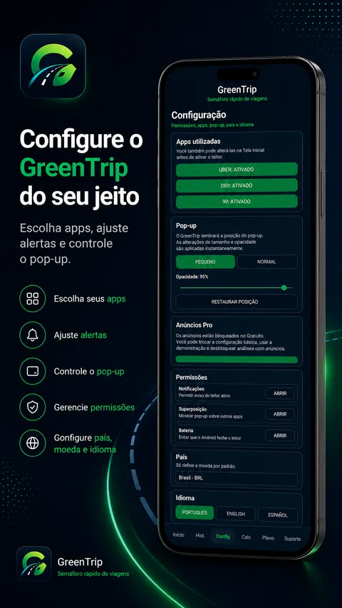 Tela de configuração do GreenTrip em português
